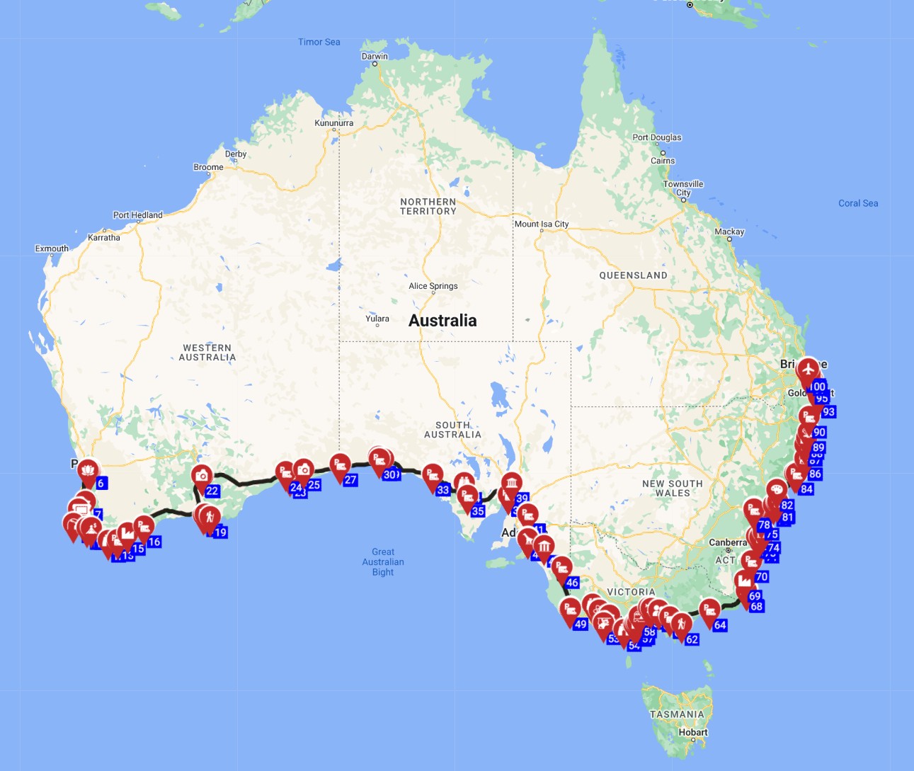 Map for Perth to Brisbane - The Coastal Explorers Dream